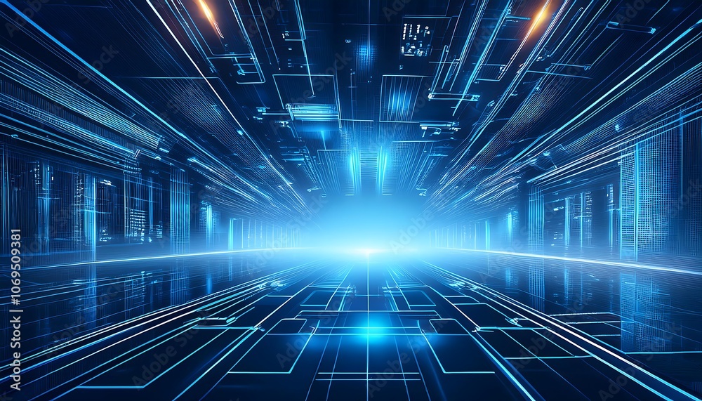 Aufkleber Abstract digital futuristic tunnel with glowing lines and data patterns.