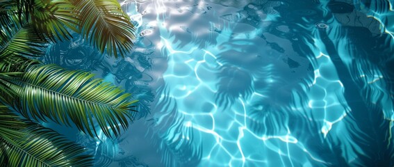 Palm Leaves Shadows on Light Blue Water, Minimal Summer Vacation Beach Pool Party Banner, Abstract Tropical Concept