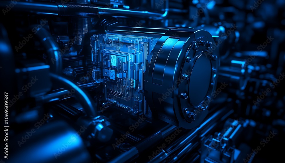 Aufkleber a close-up view of a complex blue mechanical system, featuring intricate circuitry and pipes, showca
