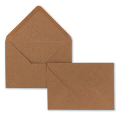 Two sides of brown Kraft paper envelopes - one with open flap, one with closed flap