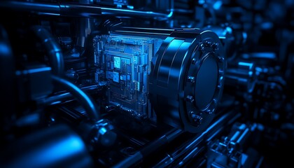 A close-up view of a complex blue mechanical system, featuring intricate circuitry and pipes, showcasing technology and industrial design.