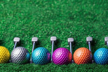 Naklejka premium Colorful Mini Golf Balls and Putter Heads on Green Grass Background with Copy Space
