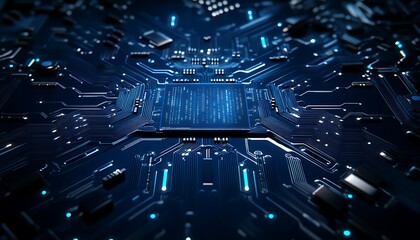 Obraz premium A close-up view of a circuit board showcasing intricate designs and glowing elements, symbolizing advanced technology and digital connectivity.