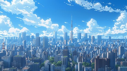 daytime anime tokyo skyline city blue sky high resolution detailed office skyscraper buildings wallpaper