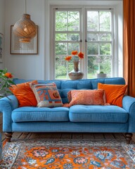 Scandinavian Living Room with Colorful Sofas, Coffee Table, and Wooden Floor