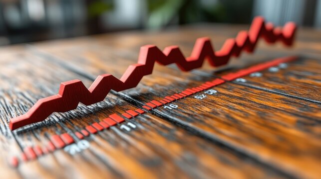 A red line graph depicting a fluctuating trend on a wooden background, showcasing a decline in value with a slight upward turn at the end.