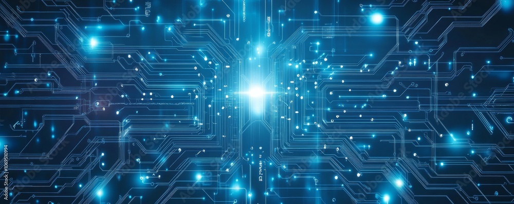 Aufkleber Digital circuit board with blue glowing lines, technology background. Futuristic innovation and data concept