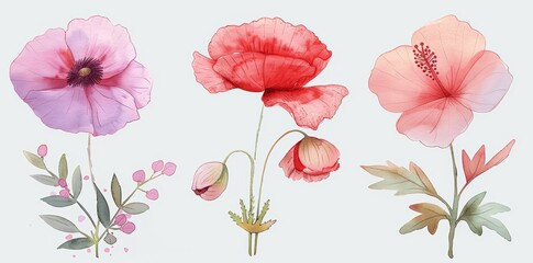 Obraz premium Minimalist Watercolor Flower Clipart - Poppy Cosmos Hibiscus Illustration