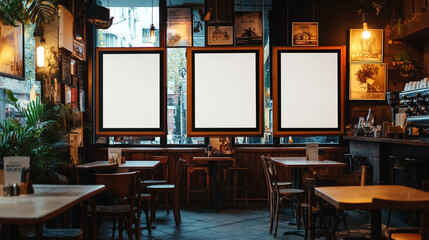 Cozy cafe interior with three empty frames waiting for artwork during a tranquil afternoon