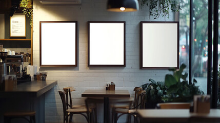 Cozy cafe interior with three empty frames on the wall and minimalist decor in soft lighting