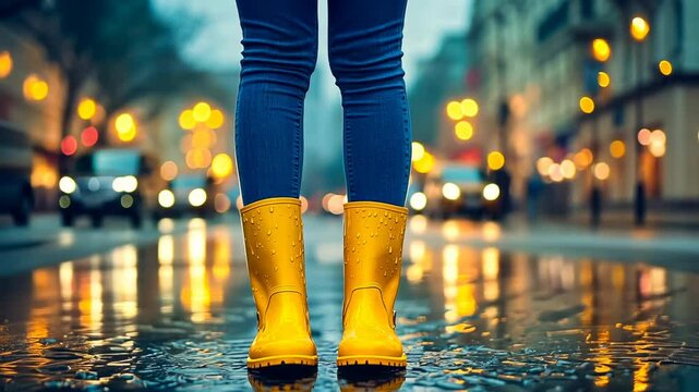 On a vibrant rainy evening, a person in yellow rain boots stands in a rain puddle, reflecting city lights. This evokes a joyful, dynamic atmosphere of urban life during a rain shower.