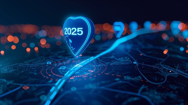 New Year 2025 Navigation Roadmap with Blue Glow Pins and Futuristic Technology Vector Illustration