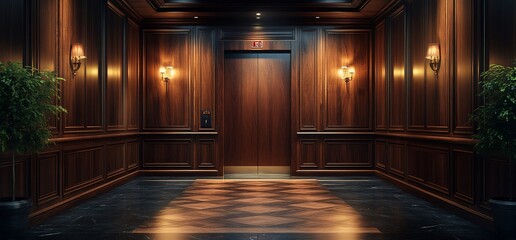 Elegant wooden elevator hallway with marble floors and ornate details.