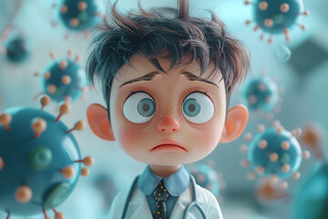 Cute cartoon style illustration of a doctor with a stethoscope checking his pulse, feeling sick, doctors in the hospital have germs floating in the air, 3D