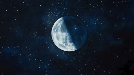 Close up view of the moon in a night sky featuring an oil painting style that captures the beauty of a celestial scene. Celestial. Illustration