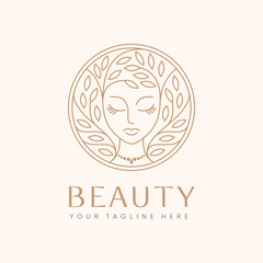 beauty logo with woman inside leaf circle style, feel to nature organic
for cosmetic products, beauty salon, spa, beauty center, hair salons, etc.
