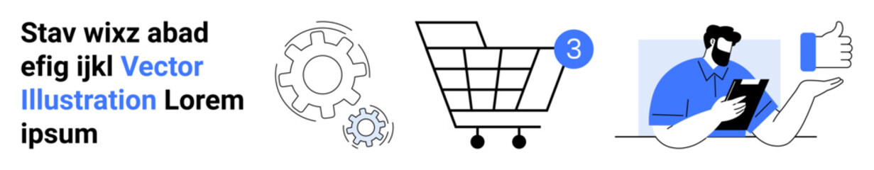 Shopping cart with notification, gear icons symbolizing settings or technology, and a person with a clipboard. Ideal for e-commerce, technology, services, digital marketing, development, apps
