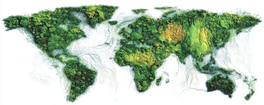 Fototapeta world map illustration with forests, concept of global greenery