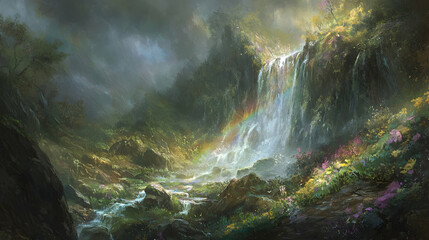 A cascading waterfall surrounded by lush greenery and vibrant wildflowers, with a rainbow arching over the water.