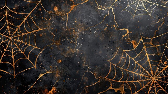 Golden Spider Webs on Black Background