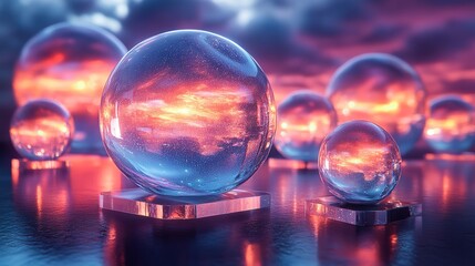 3D crystal glass figures with refraction and holographic light effects, displayed against a dark backdrop featuring rotating transparent shapes.