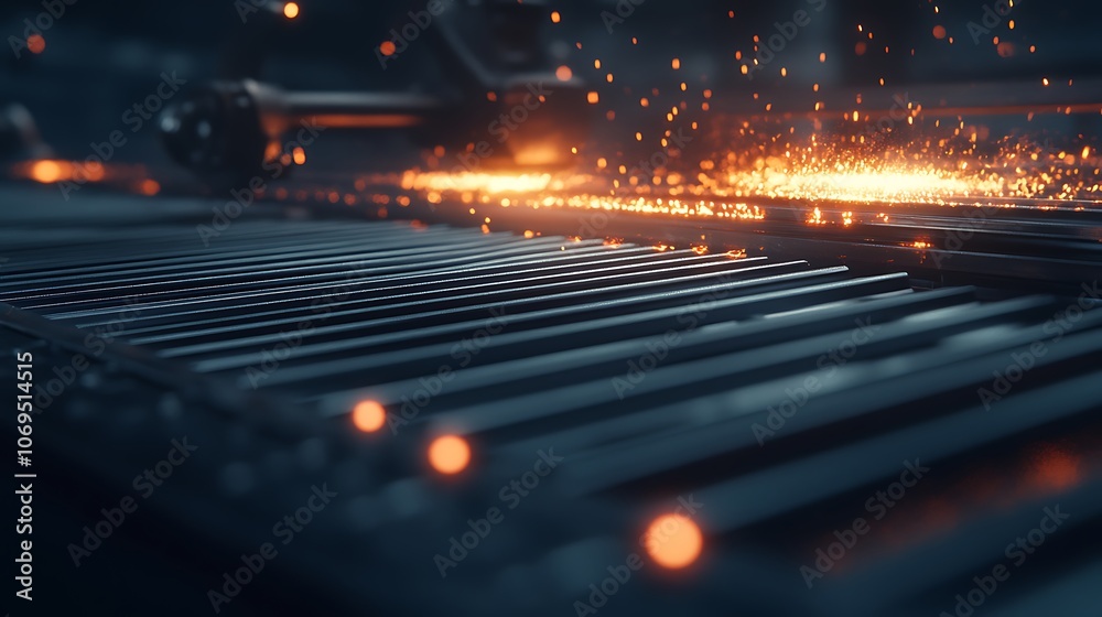 Aufkleber A close-up view of glowing particles and metallic surfaces, creating a dynamic and high-tech atmosphere.