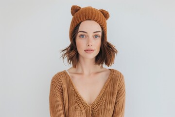 Stylish woman wearing knit beanie with cat ear design, cozy brown sweater, soft wavy bob hairstyle, minimalistic white background, trendy and playful winter fashion portrait

