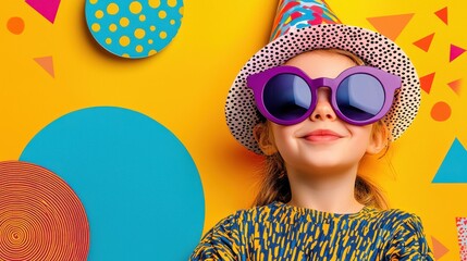 A joyful child shows off her large purple sunglasses and fun party hat against a bright yellow background