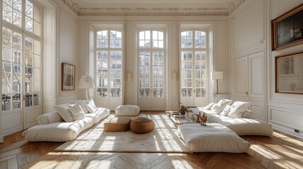 Fototapeta premium Vintage French Apartment with Parquet Floors and Sunlit Windows