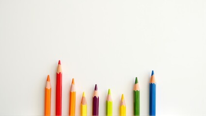 Colorful pencils in a row on white background, creativity concept, minimalistic design. Generative, AI.