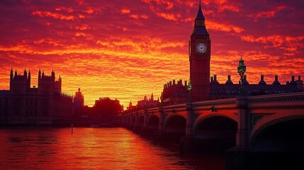Naklejka premium The iconic Big Ben tower and the Houses of Parliament in London, England, silhouetted against a fiery sunset over the Thames River.