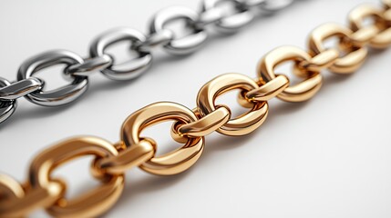 3D rendered metal and gold chains, isolated against a white background for design use.