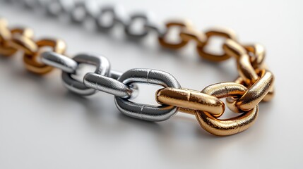 Fototapeta premium 3D rendered metal and gold chains, isolated against a white background for design use.