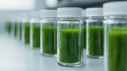 Transparent jars filled with vibrant green material line a surface, showcasing a scientific or experimental focus on algae or plant biology.