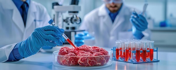 A laboratory setting with scientists conducting research using blood samples and tissue, emphasizing precision and scientific exploration.