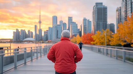 Senior man enjoys scenic walk at sunset amidst toronto's stunning city skyline