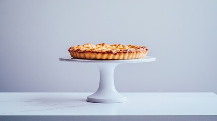 Homemade golden-brown pie on white pedestal stand