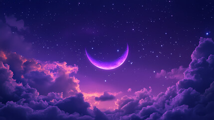 Fototapeta premium Dreamy purple night sky with luminous crescent moon wispy clouds and twinkling stars celestial phone wallpaper. Celestial. Illustration