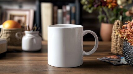 Fototapeta premium White ceramic mug on wooden table near plant, basket, and books