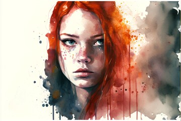 Abstract watercolor portrait of a beautiful girl with red hair. Digital painting.