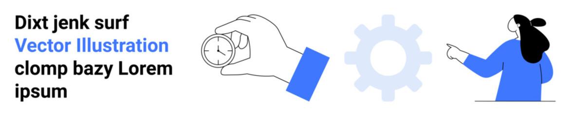 Person pointing at a large gear, hand holding a stopwatch, and multiple text blocks. Ideal for business strategy, project planning, time management, team collaboration, productivity tools, workflow