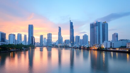 Obraz premium Explore the stunning skyline reflections over the tranquil river in a vibrant cityscape at dusk