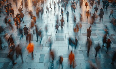 Abstract aerial view of bustling city square with motion blur of commuters walking in different...