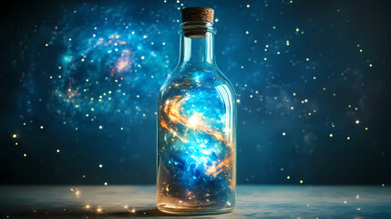 Enchanting glass bottle with a cosmic universe inside. Celestial. Illustration