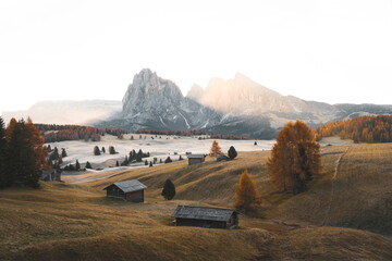 Alpine area with trees and mountains in autumn at sunrise