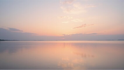 Naklejka premium Sunset over calm water, reflection, clouds, serene, tranquil scene in pastel colors. Generative, AI.