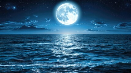 Full moon illumination over serene ocean waves with starry sky backdrop