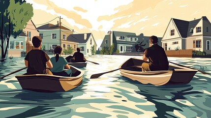Obraz premium Four People Rowing Boats Through Flooded Neighborhood