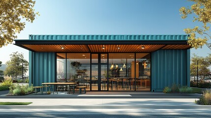 A 3D illustration portrays a 20-foot container cafe, showcasing innovative concepts in modern architectural design and the transformation of ordinary containers into functional spaces.