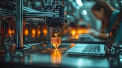 A 3D maker's workshop with an SLA printer and a laptop on the table, representing a workspace for engineering and 3D prototyping tasks.